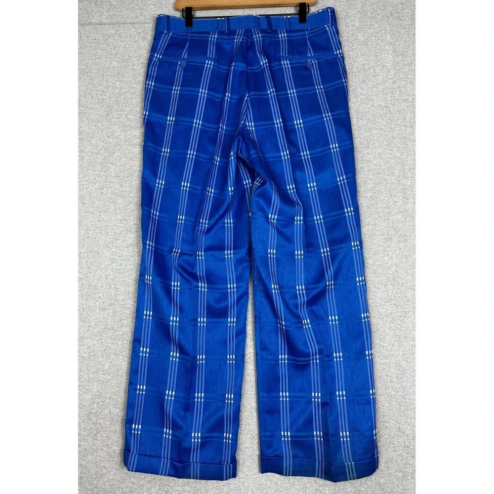 Vittorio St Angelo Suit Jacket Pants 42L 36x29 Blue Plaid Pleated Cuffed Wide